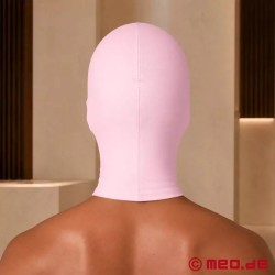 Masque rose en spandex avec des ouvertures pour la bouche et les yeux
